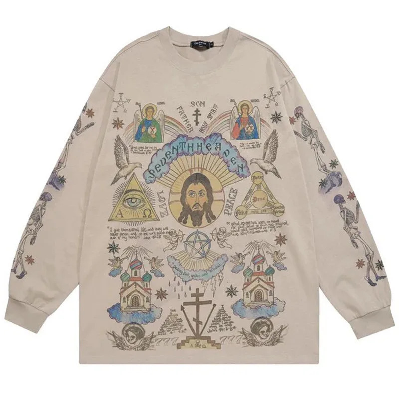 Men Retro Streetwear T Shirt Gods Graphic Hip Hop T-Shirt Cross Casual Tshirt Long Sleeve Cotton Tops Tees Unisex Hipster Beige 260304