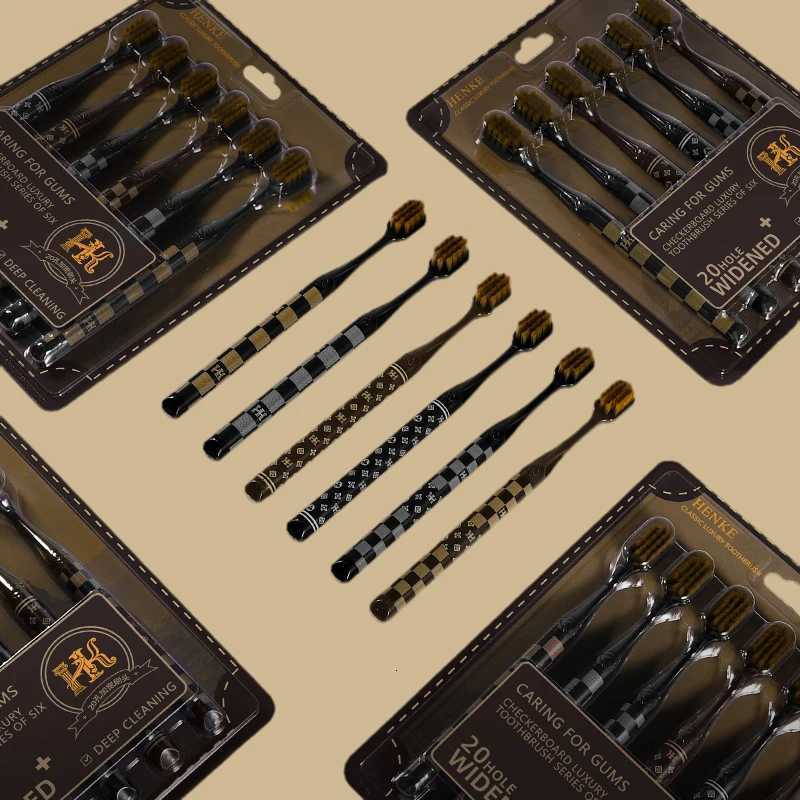 Light Luxury Checkered Toothbrush 6-Pack Soft Bristle Gum Care, Portable for Adult Men & Women Daily Oral CleaningT260307