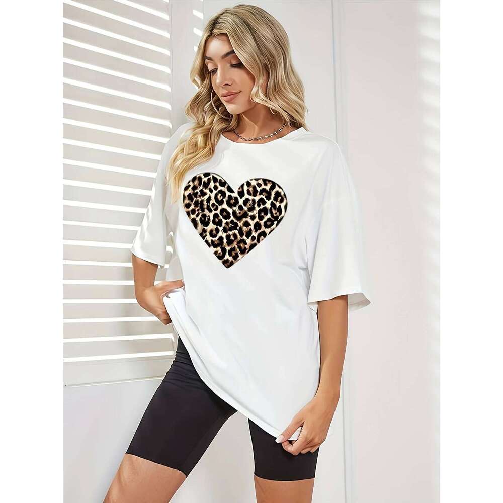 Camiseta con estampado corazn leopardocamiseta estampada camiseta informal manga Harajuku para mujer ropa de XJ260306