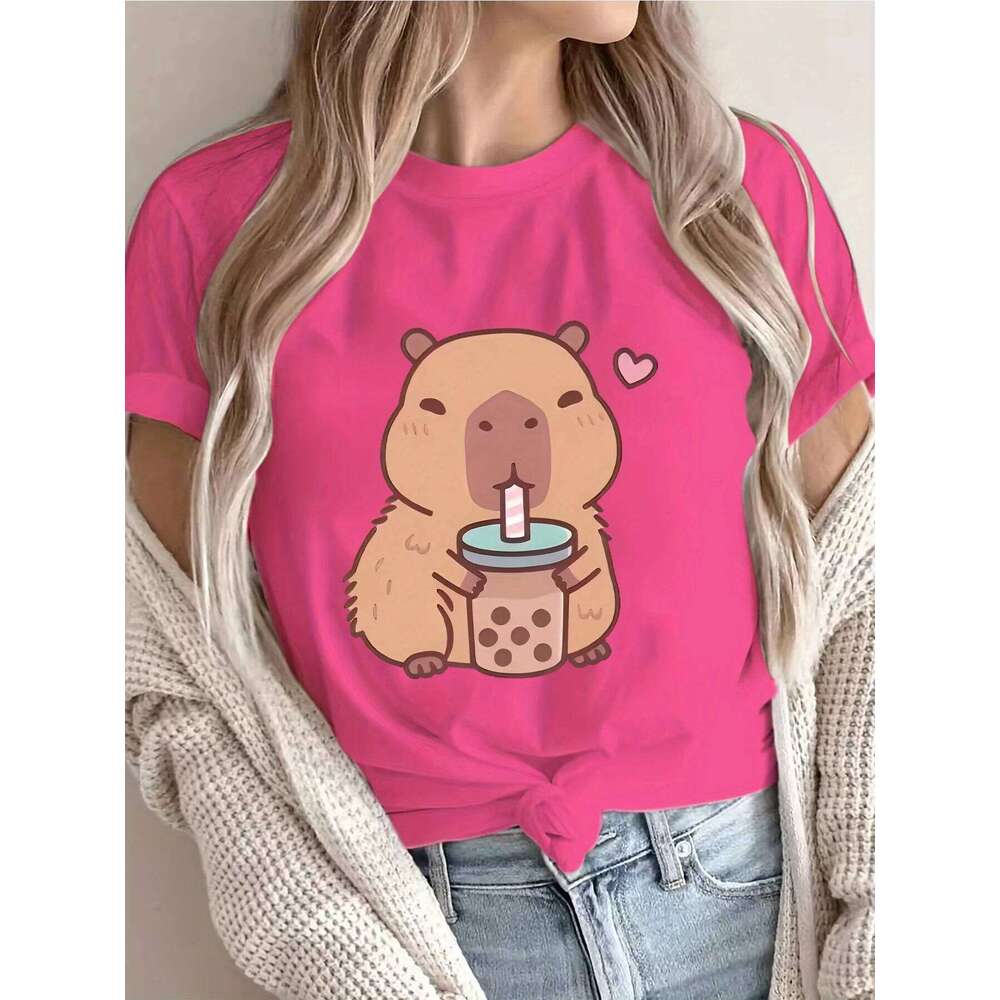 Women's Cute Boba Tee - Casual Short Sleeve Round Neck Polyester Knit Machine Washable Capybara T Shirt XJ260306 XJ260306