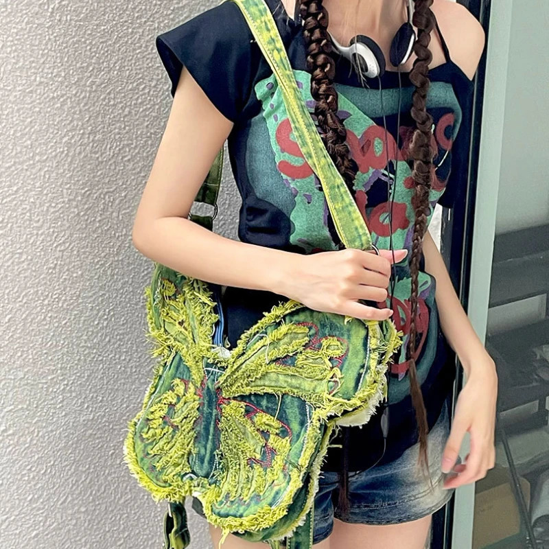 Fashion Butterfly Embroidery Shoulder Bags Y2k Aesthetic Trendy Women Casual Backpacks Vintage Denim Harajuku Crossbody Handbags 260307