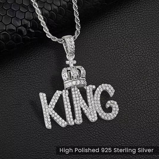 Moissanite Diamonds Iced Out KING Pendant Necklace for Men Icy Bling 925 Sterling Silver King HiPhop Jewelry Style