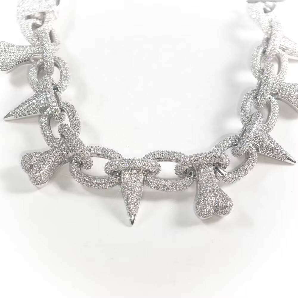 20MM Silver Heart Bone Spike Iced Out Chain Bracelet Punk Rivet Choker Bling Moissanite Mens Hip Hop Necklace Jewelry Party