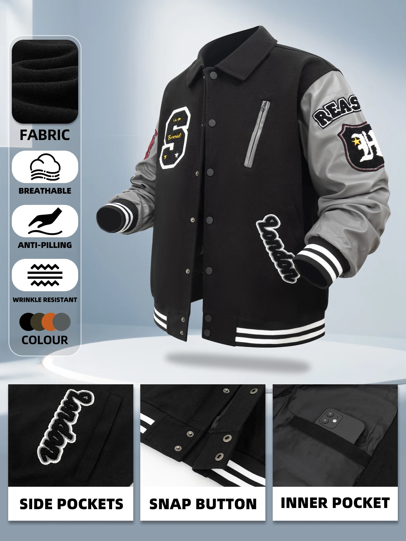 Mens Varsity Jacket Faux Leather Sleeve Vintage Motorcycle Coat Bomber Lapel Collar SpringAutumn Lertterman Outdoor Menswear 260306