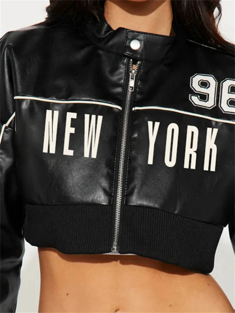 kliou Letter PU Patchwork Women Coats Hipster Button Zip-up Full Sleeve Crop Jackets Trend Cool Street Outwear Spring 260306