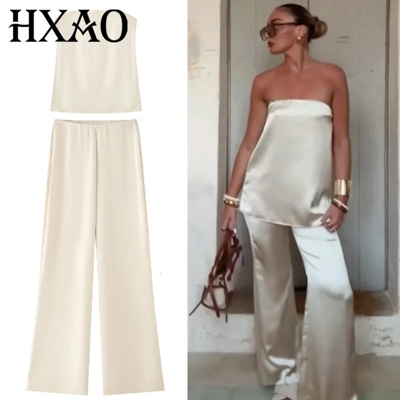 HXAO Satin Pant Sets Womens Two Pieces Set Strapless Off Shoulder Tube Vest 2 Piece Woman Outfit High Waist Trousers 260306