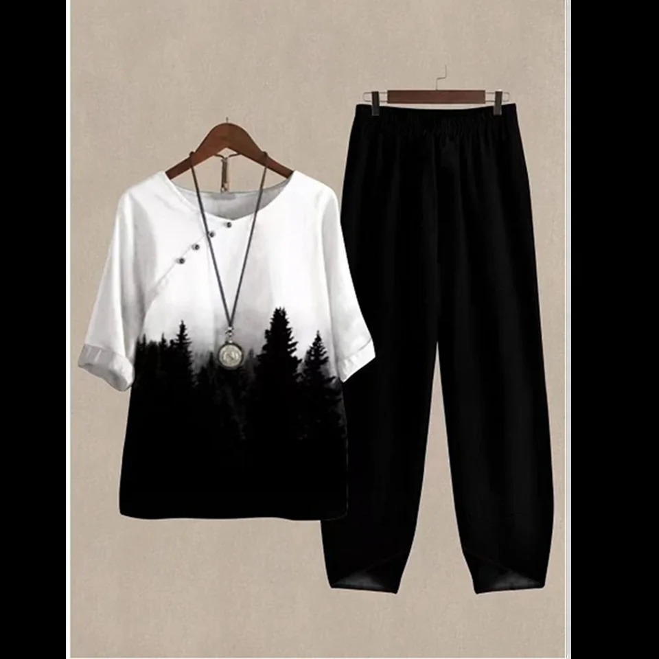Summer 2 Piece Set Women Loose Short Sleeve Shirt Top High Waist Pants Flower Print Outfits Ladies Elegant Vintage Suit Fall 260306