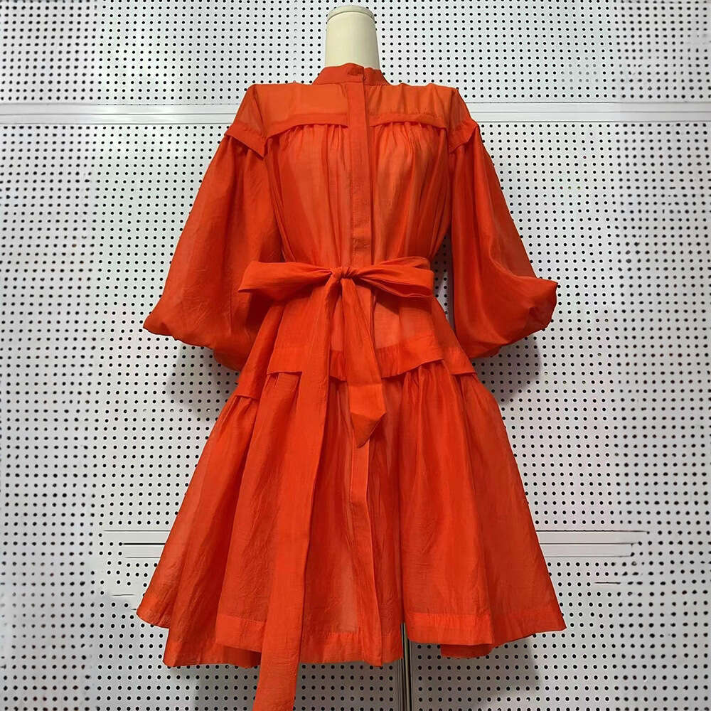 2026 women's solid color transparent hard a2 yarn stand collar tied waist dress autumn fashion loose pleated fluffy skirt