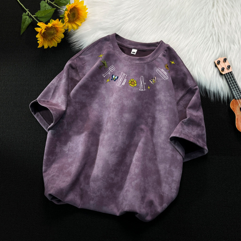 Luxury Brand Designer Clothes American-Style Tie-Dye Faux Suede Short-Sleeve T-Shirt For Men, Summer Printed Trendy Brand, Ins High Street Loose Fit, 