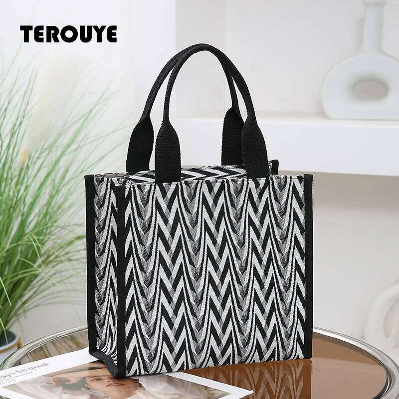Chevron Pattern Canvas Tote Bag, Retro Letter Patch Decor Handbag, Women's Causal Shopper & Commuter Bag TEROUYE