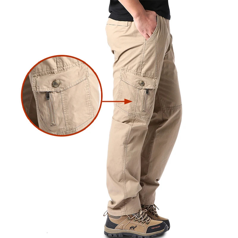 Mens Cotton Cargo Pants Casual Multiple Pocket Tacitcal Pants Spring Autumn Outdoor Camping Hiking Work Pants 260305