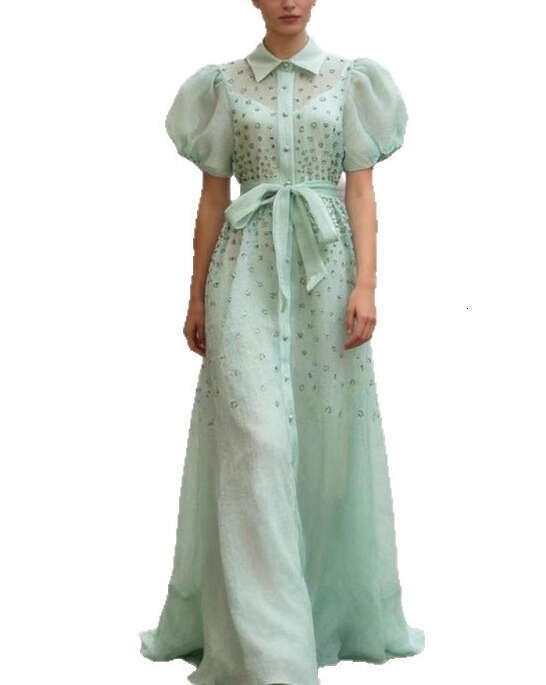 2026 European and A1 American fairy style retro dress with rhinestone semi transparent single breasted loose waistband long skirt