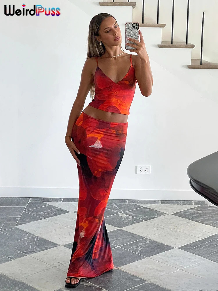 Weird Puss TieDye Print 2 Piece Set Women Summer Y2K Fashion Hipster Elegant VNeck CamisoleMaxi Skirts Matching Streetwear 260306