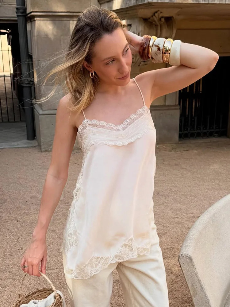 HH Female Summer Fashion V-neck Lace Spliced Split Sexy Backless Sling Top Women Elegant Party Style Casual Camisole Top 260306