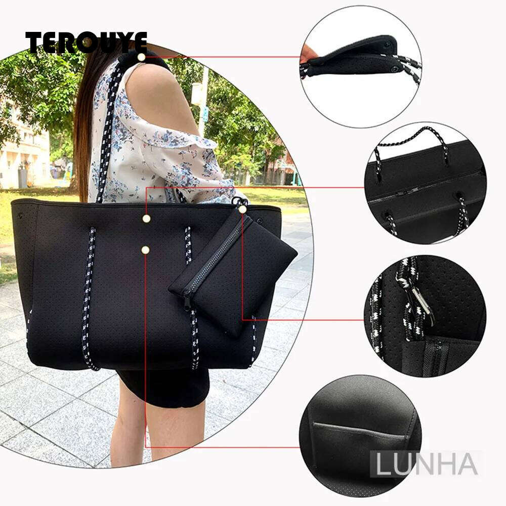 Women's Neoprene Tote Large Capacity Beach Sports Fitness Zipper Bag Summer Travel Handbag Shoulder Bags Waterproof TEROUYE