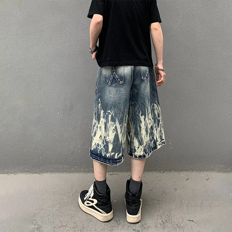 2026 Flame Graphic Print Denim Shorts For Men Hip Hop Fashion Straight-leg Baggy Jorts Punk Tie Dye Gradient Y2K Short Jean 260306