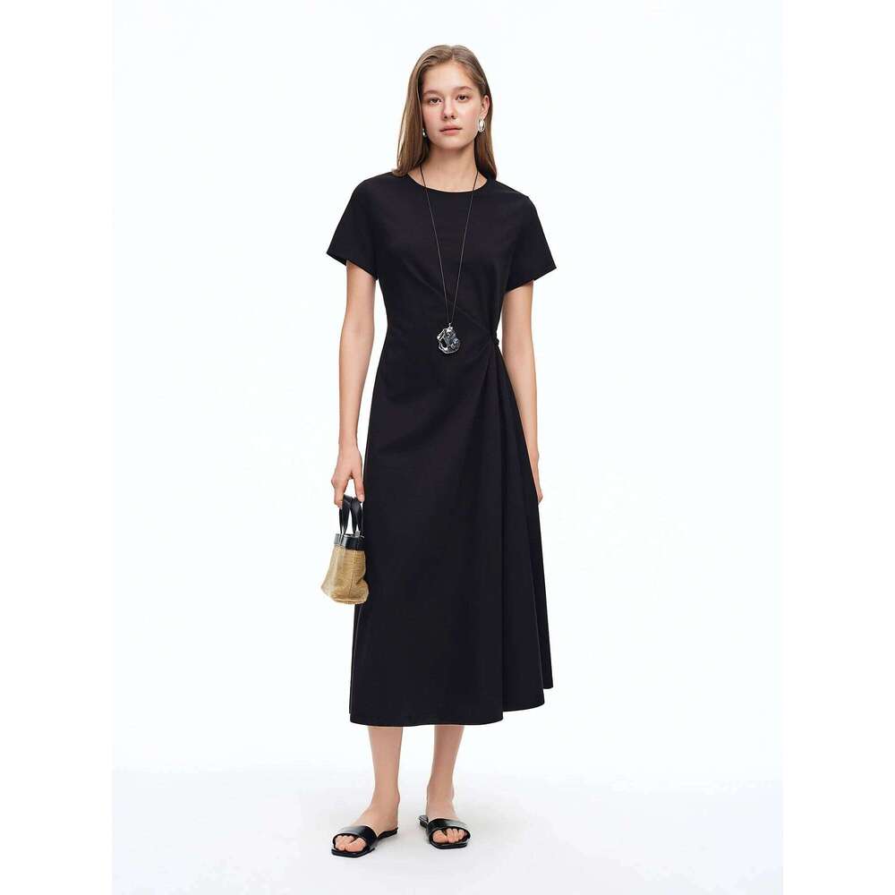 Women's Minimalist Black Knot Waist-Cinching Summer 2026 New Arrival Elegant Styled Long Dress Simple Cotton Dresses