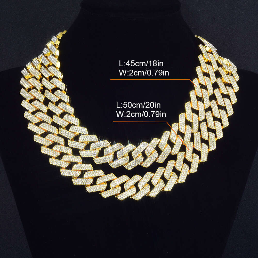 Cross-Border Hot Cuban Necklace High-Quality Light Luxury Fashion Alloy Three-Row Diamond 20mm Chain Factory Direct Sale Trendy