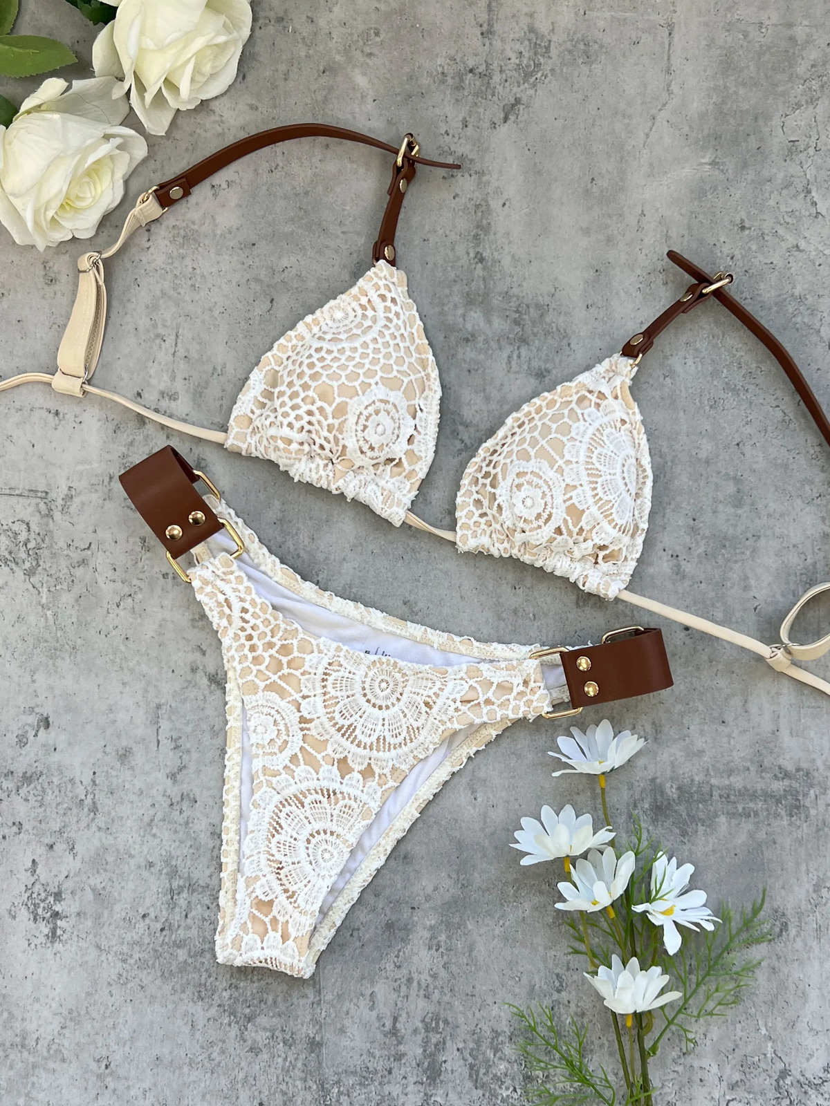 Boho Crochet Bikini Set Cream Knit with Leather Straps Metal Buckles Perfect for Beach Wear Pool Parties Summer Getaways 260306