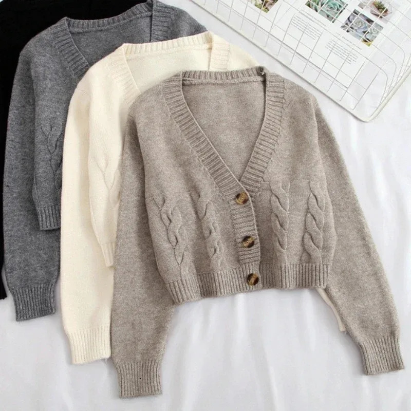 V Neck Cropped Cardigan Women Long Sleeve Twist Knitted Sweater Coats Autumn Winter Keep Warm Korean Fashion Jacket Cardigan 260305