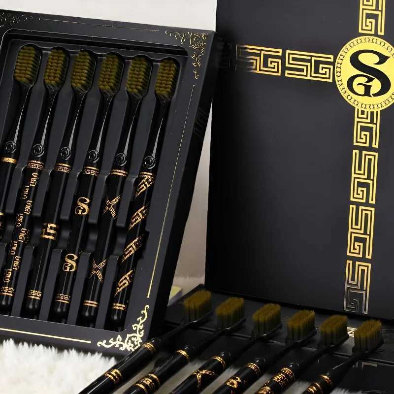 This black and white toothbrush gift box set provides gentle oral care for adults daily use.T260307