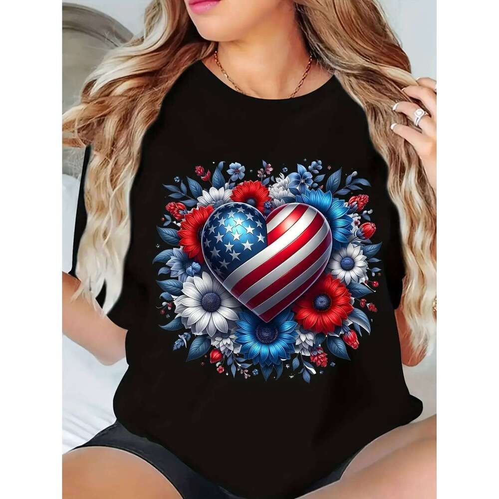 1pc Women Patriotic An Flag Heart-Shaped Floral Print Crew Neck Short-Sleeved Women's Casual T-Shirt, Stars And Stripes XJ260306 XJ260306