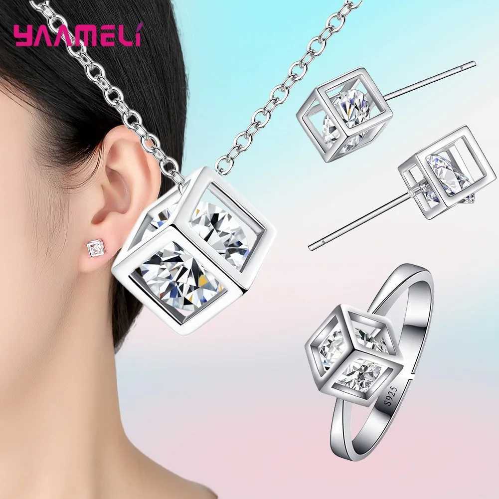 Top Sale Real Pure 925 Sterling Silver Jewelry Gift Set Cube Cubic Zircon Necklace/Earrings/Ring for Wedding Engagement H260307 - view 4