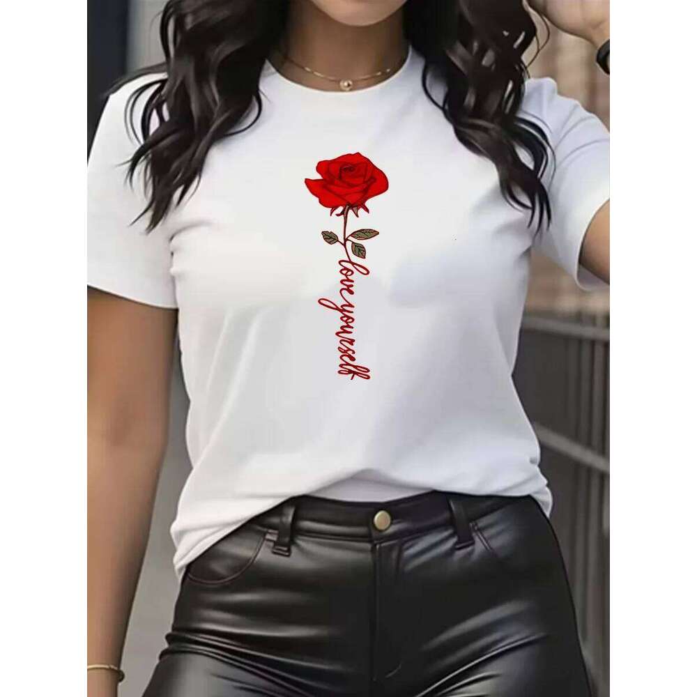 Women's short-sleeved T-shirt, 100% cotton, with red rose print, suitable for spring and summer casual wear. XJ260306