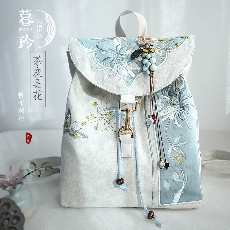 15Inch Retro Chinese Style Backpack Handmade Embroidery Canvas Bag with Zipper Laptop Drawstring Rucksack 260307