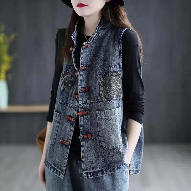 Mardi Hefxessdr Women's Denim Vest Cotton Spring and Summer Short Plus Size Vest Chinese Style Korean Fashionable Sleeveless Jacket Women