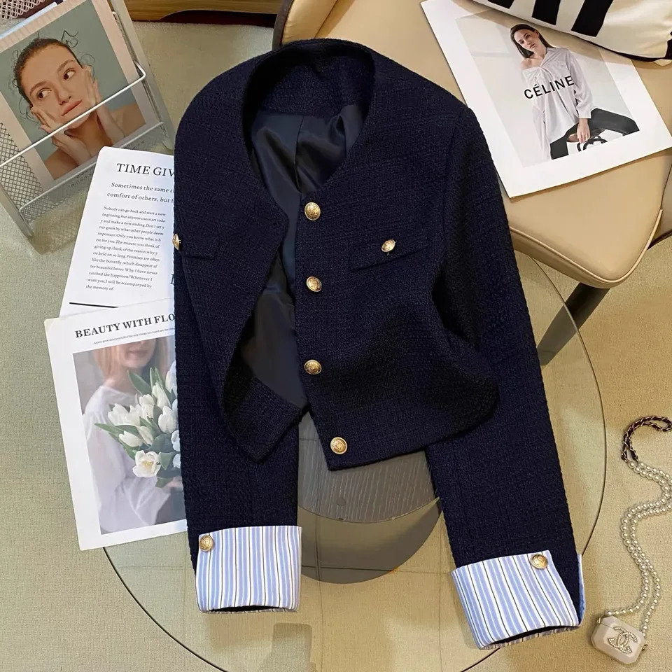 Navy Nlue Small Fragrant style Suit Jacket For women Spring autumn Round neck French Fashion Splicing Short Top 260306