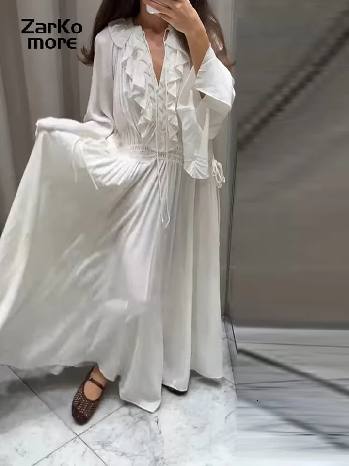Boho White Long Dress Women Ruffle V-neck Full Flare Sleeves Loose Dresses Female Spring Summer Lady Beach Vacation Robes 260306
