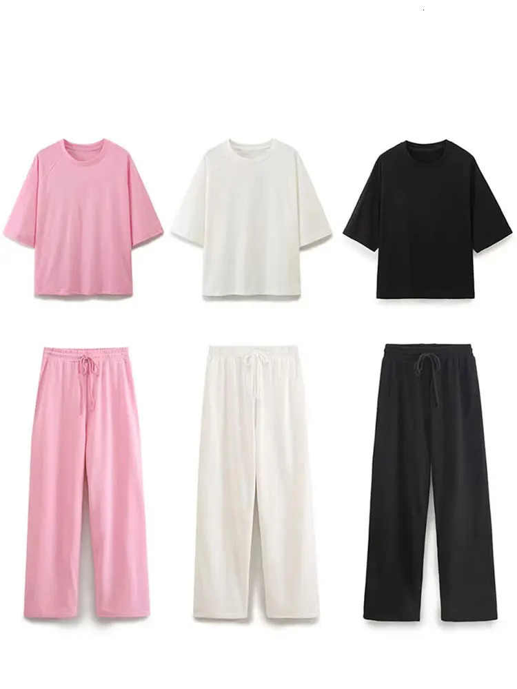 HH Summer Women Casual T Shirt Pant Sets Elegant Pink O Neck Short Sleeve TShirt Drawstring Loose Trousers Spring Suit 260306