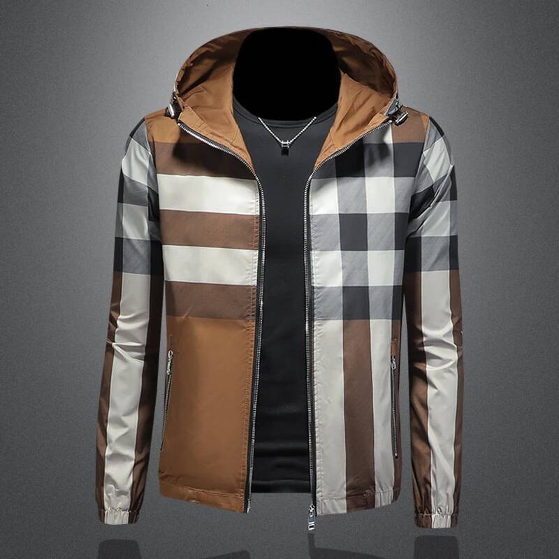 Minglu Plaid Printed Zipper Men's Jackets Luxury Spring Auutmn Hooed Casual Male Coats Long Sleeve Man Overcoats Plus Size 5XL