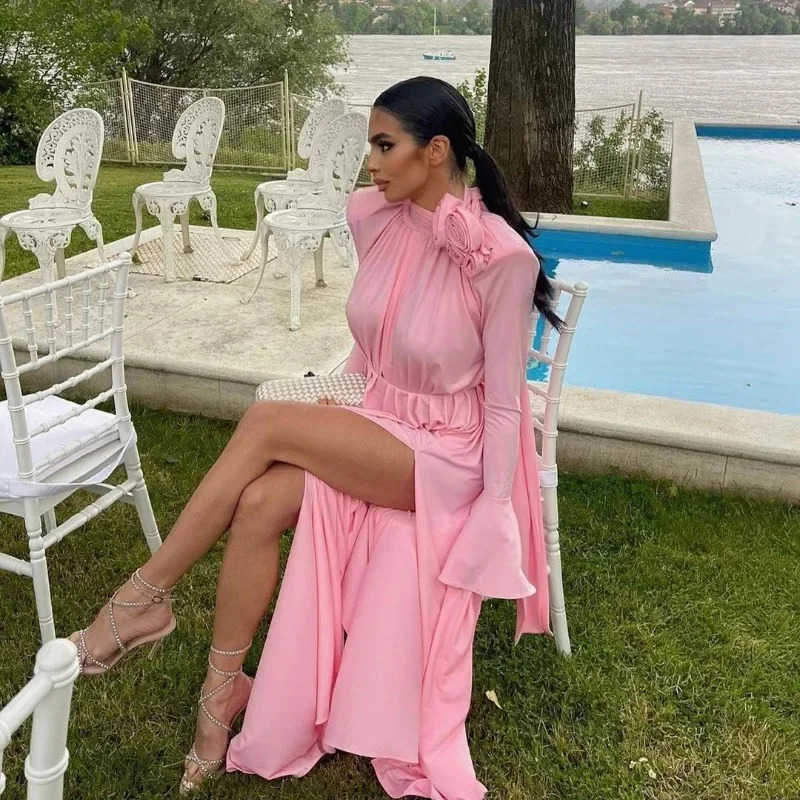 Elegant Y2K Fashion Long Flare Sleeve V Neck Floral Slit Party Evening Dress Robe Vintage Women Folds 260306