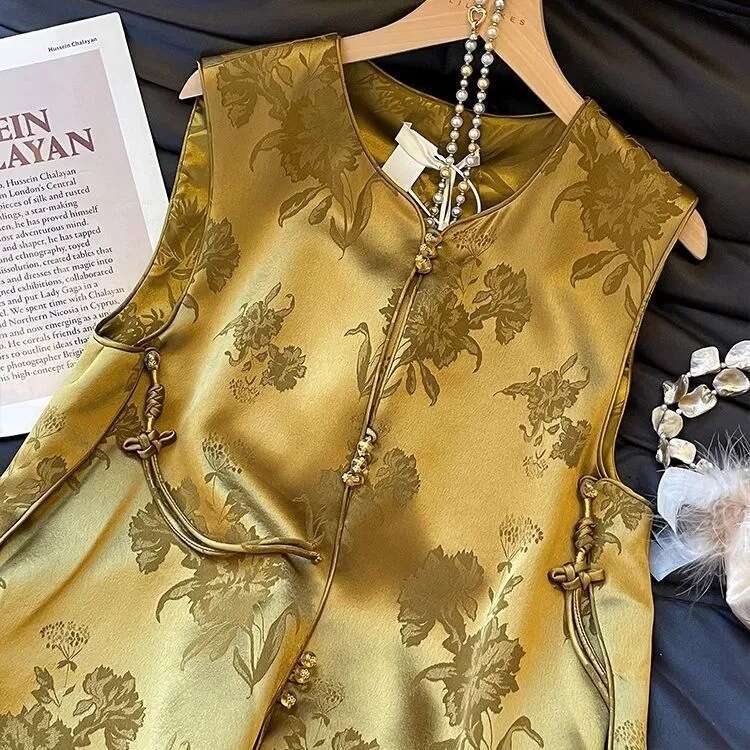 Mardi Hefxessdr New Chinese-style high-end jacquard for women 2025 new model gold High-end retro sleeveless vest top