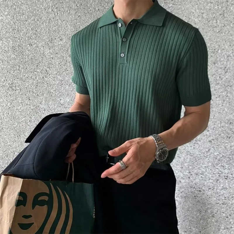 Korean Style Mens Summer Collar Solid Color Casual Thin Knitted Top Mens Fashionable Slim Fit Short Sleeved Shirt 260304