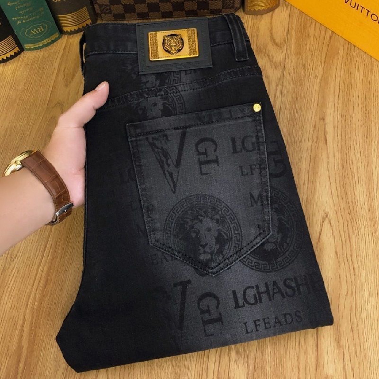Luxury Designer Clothes European High-End Trendy Brand Korean-Style Men's Slim-Fit Skinny Jeans, Stretchy Casual Versatile Black Printed Trousers