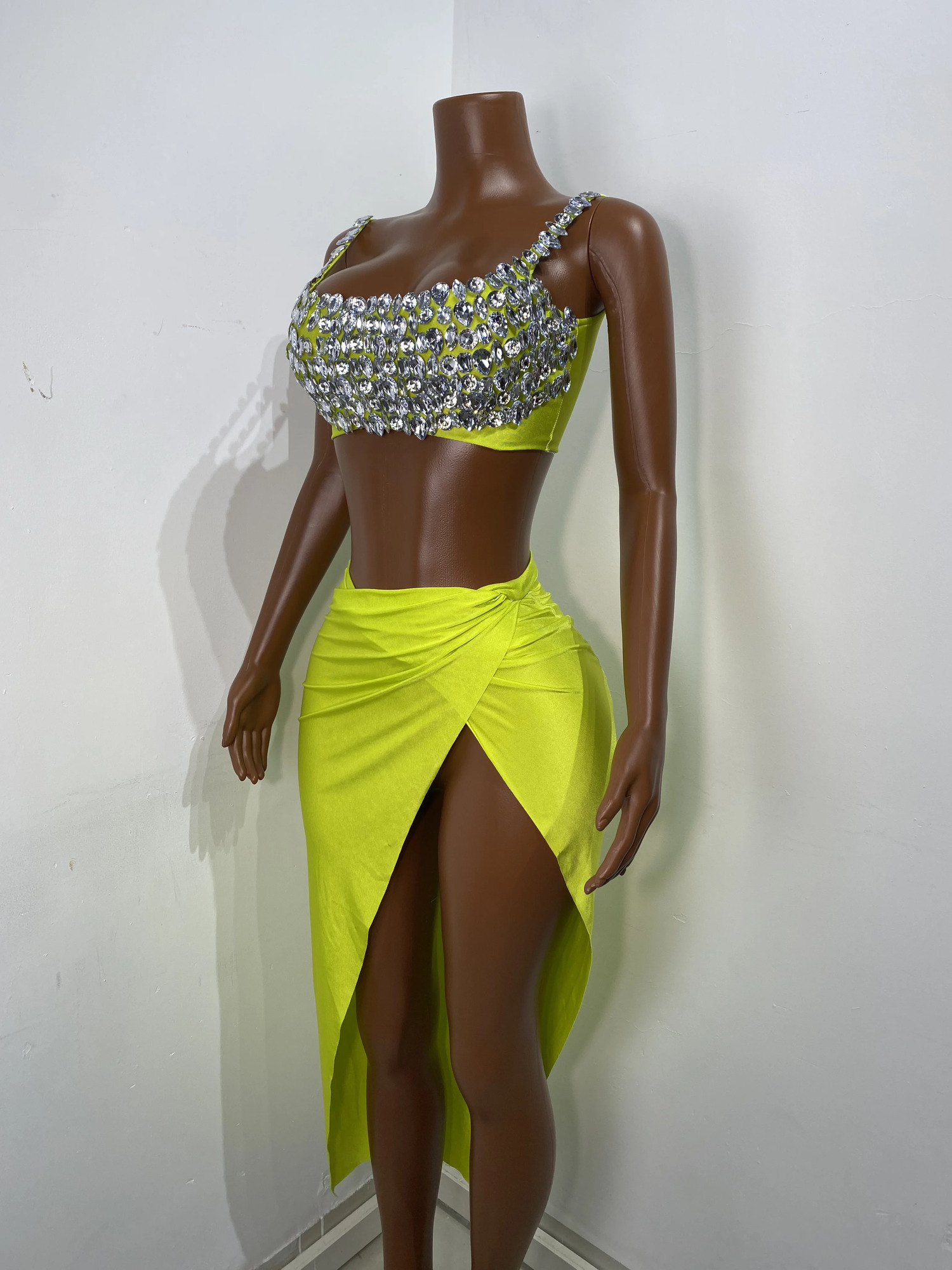 Women Tank Diamonds Crystal Green Blue Midi Split Skirt Set Birthday Party Costume Bar Nightclub Stage Performance Clothing 260306