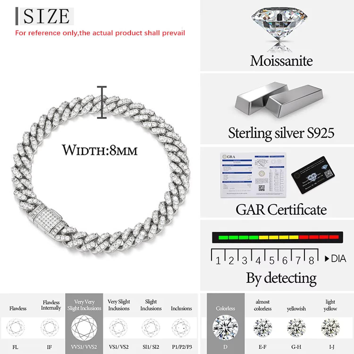 6mm-20mm Pass Diamond Tester 925 Sterling Silver Full Vvs Moissanite Iced Out Cuban Link Anklet Bangle Bracelet for Men Women