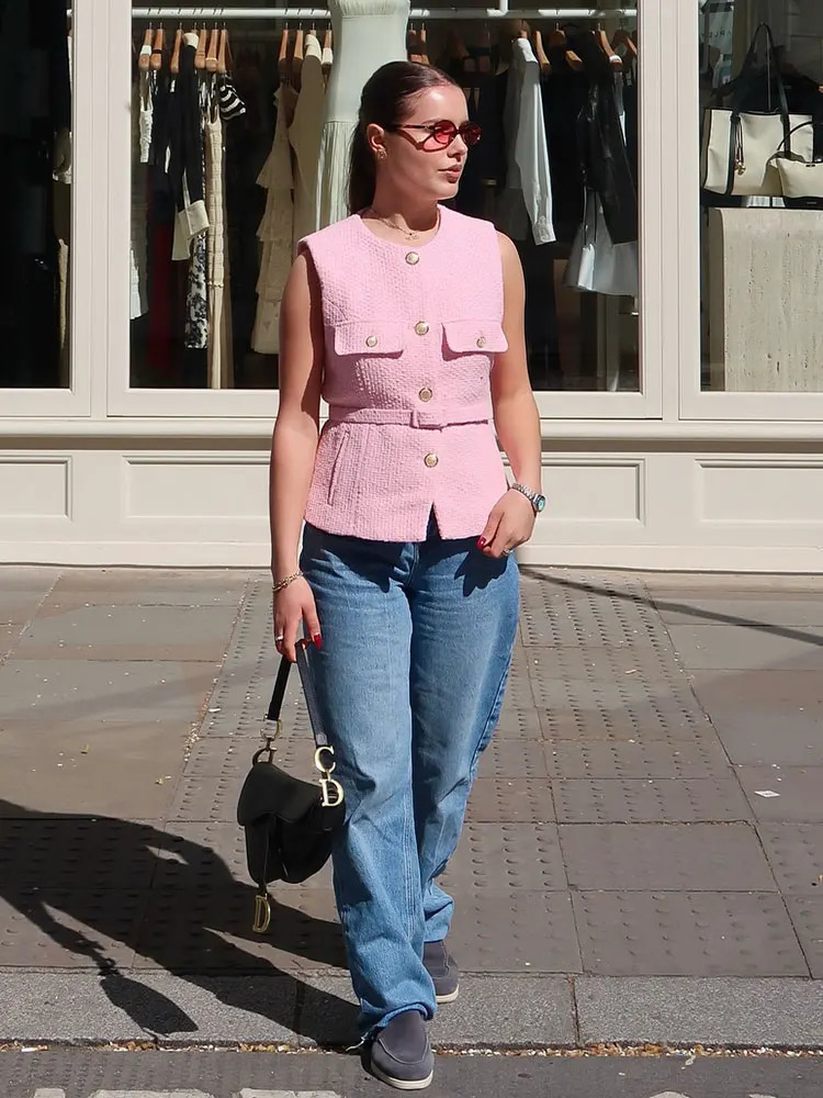 HH Women Elegant Solid Belt Vests Tops O Neck Metal Button Sleeveless Waistcoat Office Lady Outerwear Casual Blazer 260306