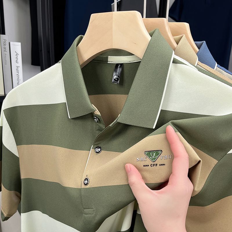 Luxury Brand Designer Clothes Summer New Business Casual Color Woven Stripe Polo Shirt Short Sleeve Wide Stripe Turn-Down Collar Short Sleeve T-Shirt 