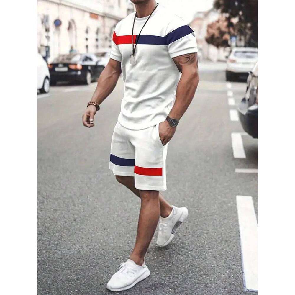 Summer Men's Stripe Print Short Sleeve Tee Elastic Waist 2 Pieces Plus Size Loose O-Neck T-Shirt Pockets Shorts Set