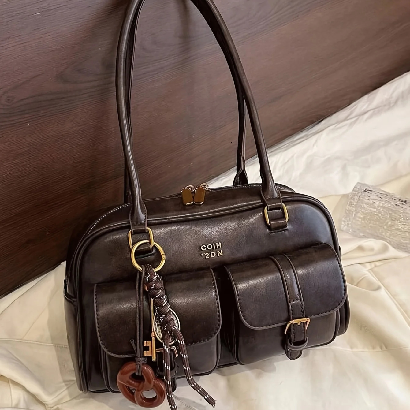 Womens Coffee Brown Multi-Pocket Handbag Shoulder Bag Stylish Versatile Letter Crossbody Purse for Travel Work Shopping Dates 260306