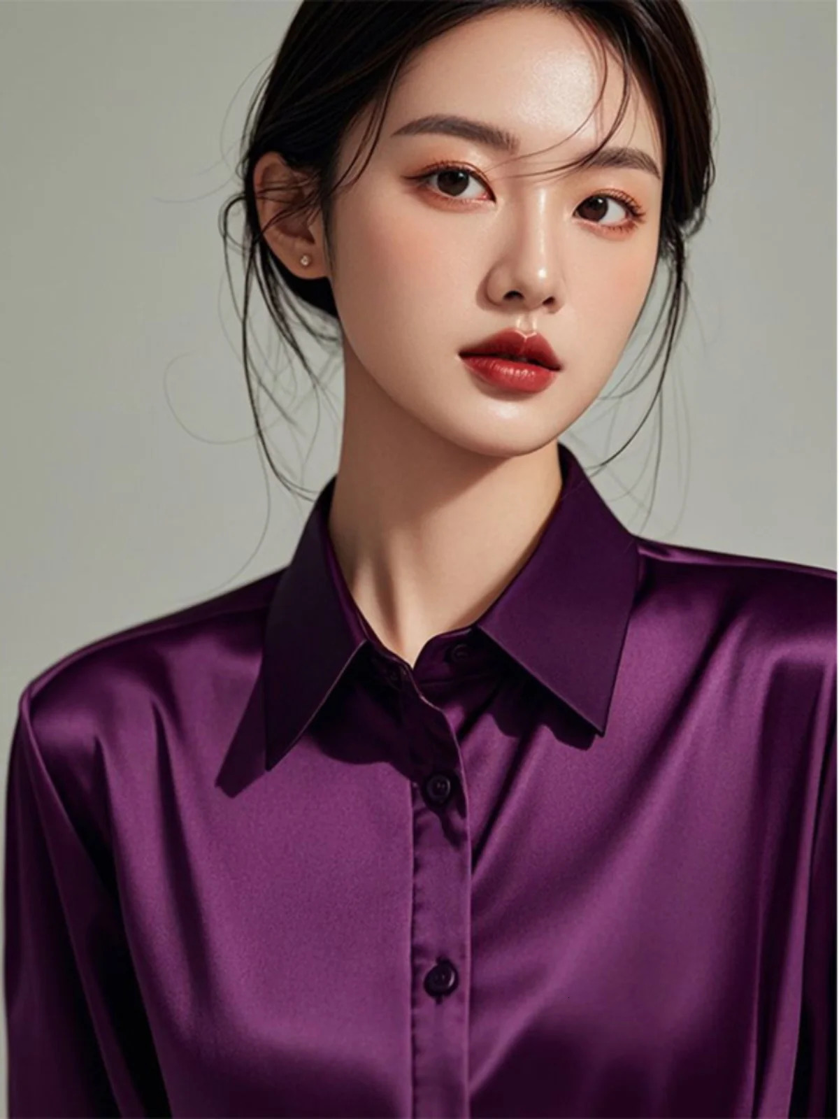 Ele Purple Silk Satin Long Sve Womens irt Profional Faionable Commuting Sle Autumn Arrival Loose Fit Pol 260228