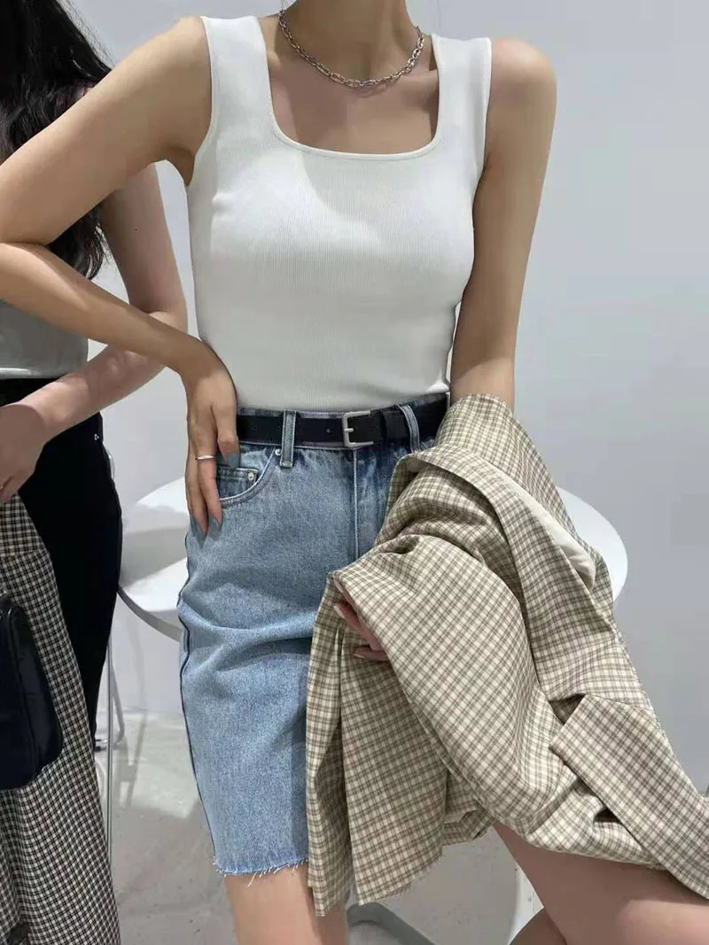 high quality chic basic U-NECK Summer white knit Women tank top sexy sleeveless t-shirt vintage top casual crop top t shirt 260306
