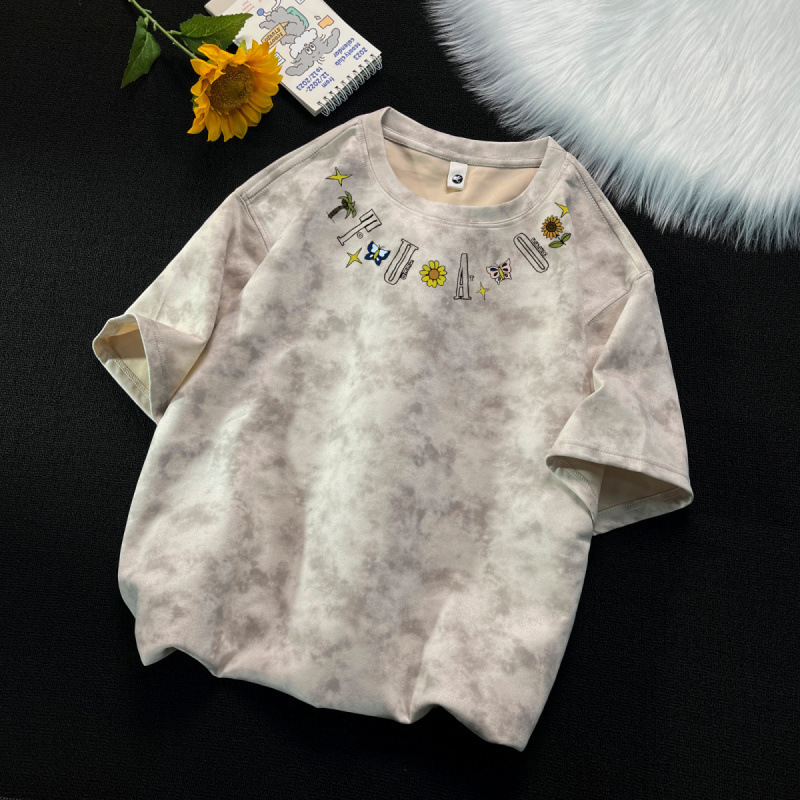 Luxury Brand Designer Clothes American-Style Tie-Dye Faux Suede Short-Sleeve T-Shirt For Men, Summer Printed Trendy Brand, Ins High Street Loose Fit, 