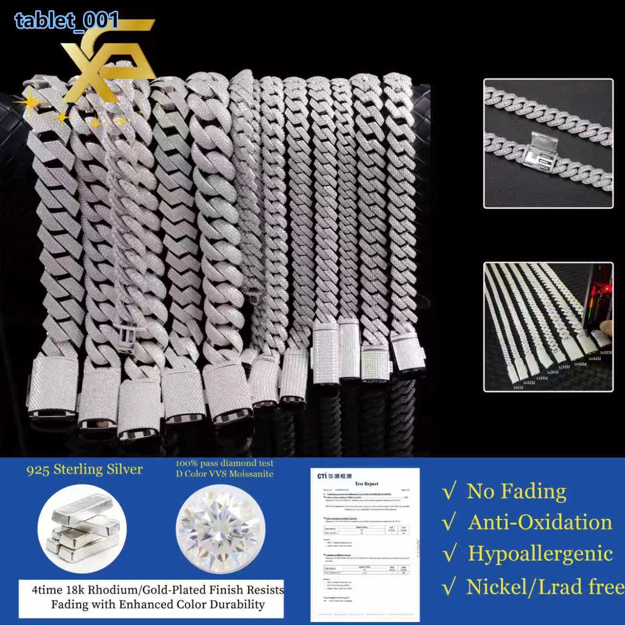 100 Pass Diamond Test VVS Hip Hop Jewelry 2rows 8mm 10mm 12mm Diamond Cuban Link Chain 925 Silver Necklace Moissanite Chain