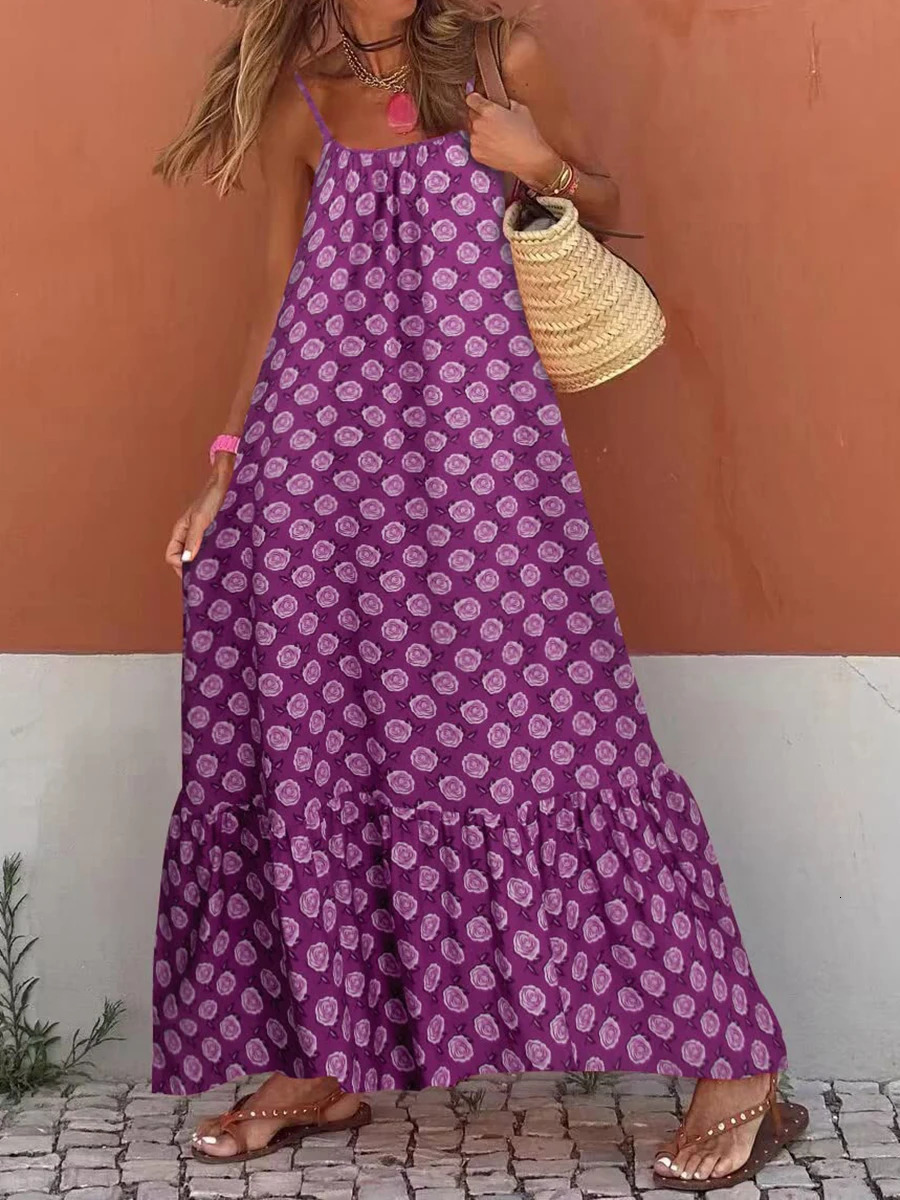 Womens Sleeveless Long Boho Dress Summer Loose Print Spaghetti Strap Flowy Dresses Bohemian Sundress Beachwear Party Coctail 260306