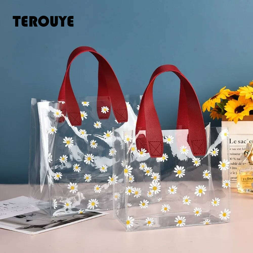 High Quality PVC Clear Tote Little Daisy Waterproof Storage Handle Gift Bag Transparent Shopping Bags TEROUYE